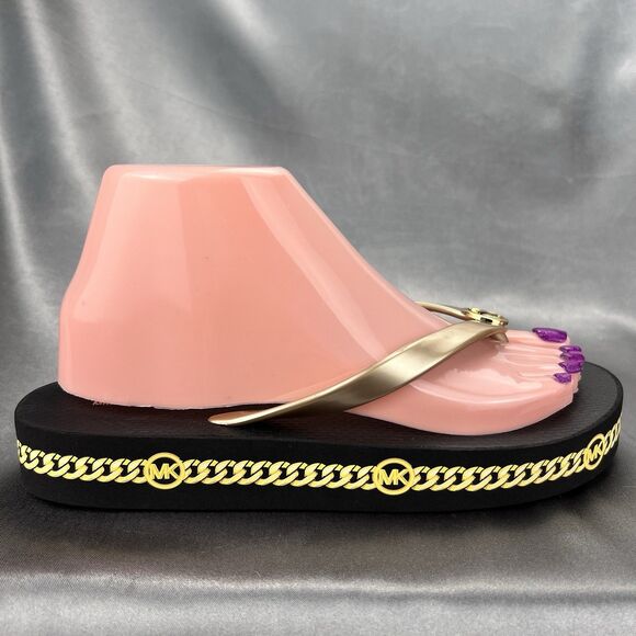 Michael Kors Women's 7 Logo Flip Flops Fashion Sandals Black/Gold RX24D MK Shoes - Picture 3 of 14